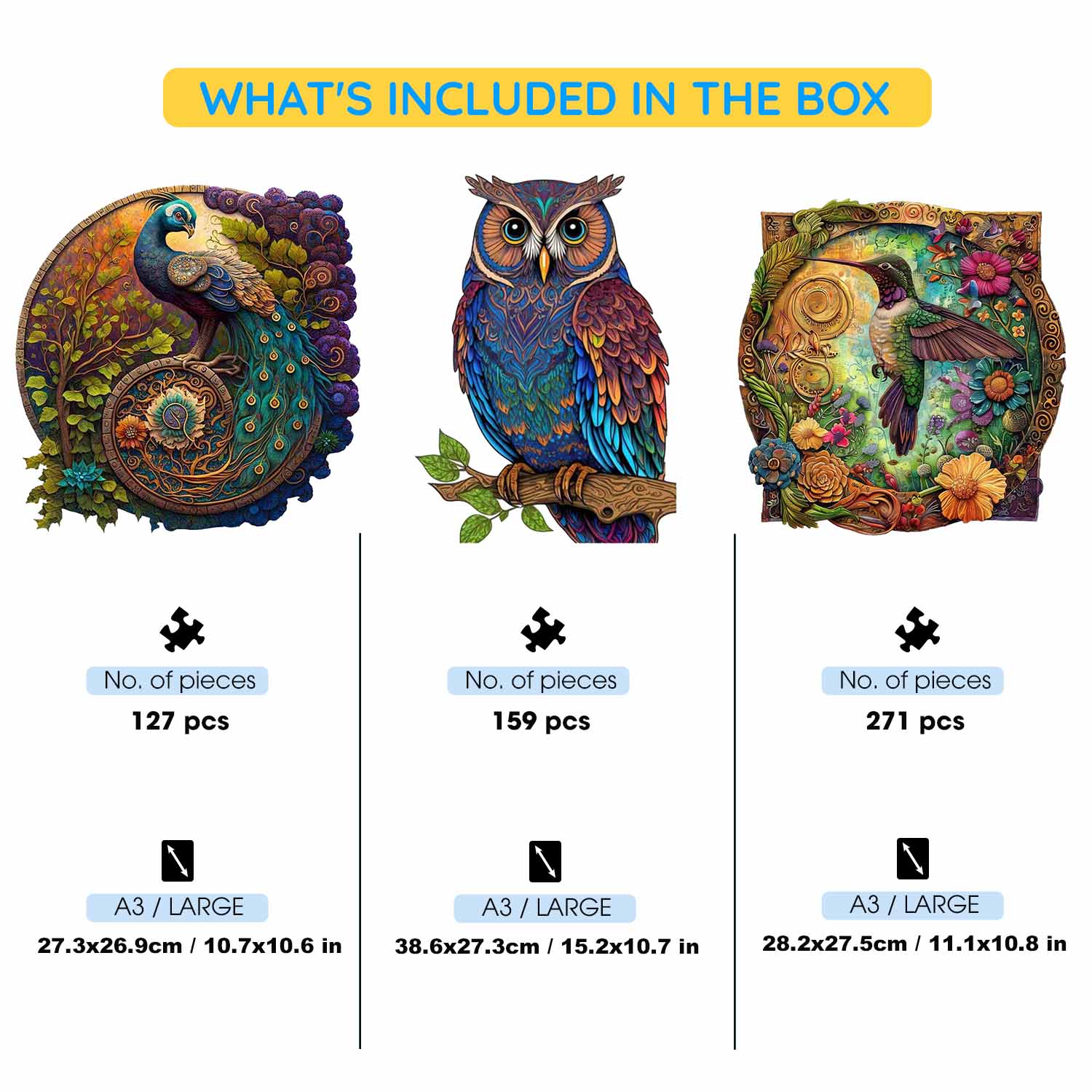 3-Pack Bird Species - Wooden Jigsaw Puzzle Gift Set - Image 2