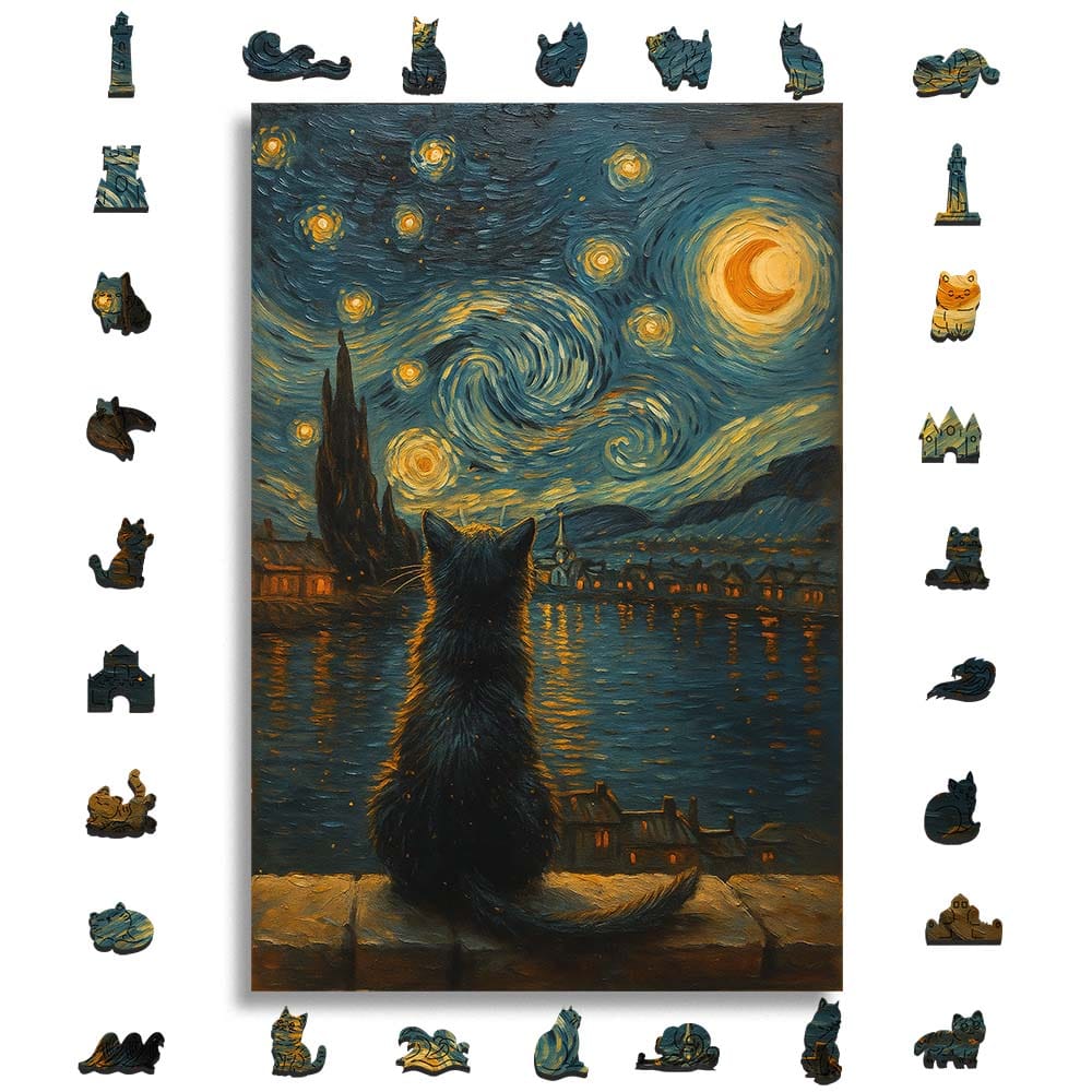 Cat Starry Night - Wooden Jigsaw Puzzle - Image 3