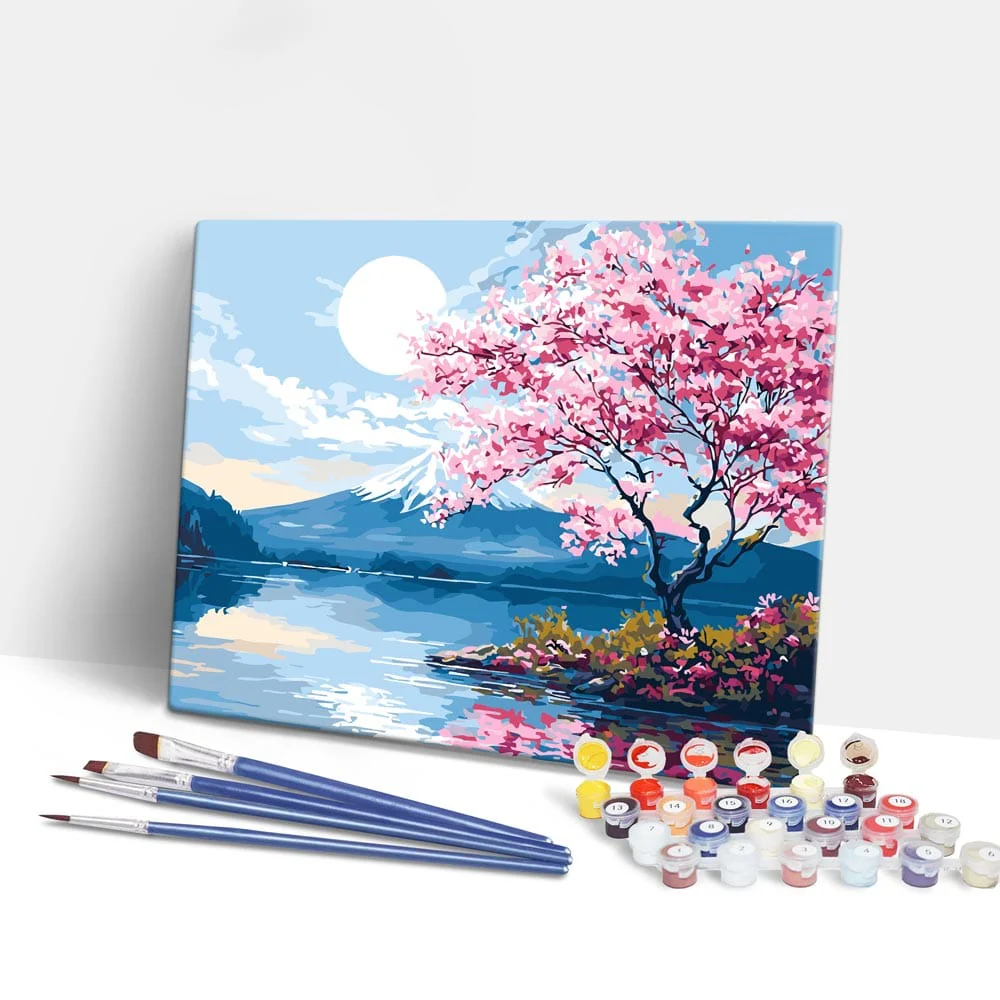 Moonlit Sakura Lake - Paint By Numbers Kit - Image 2